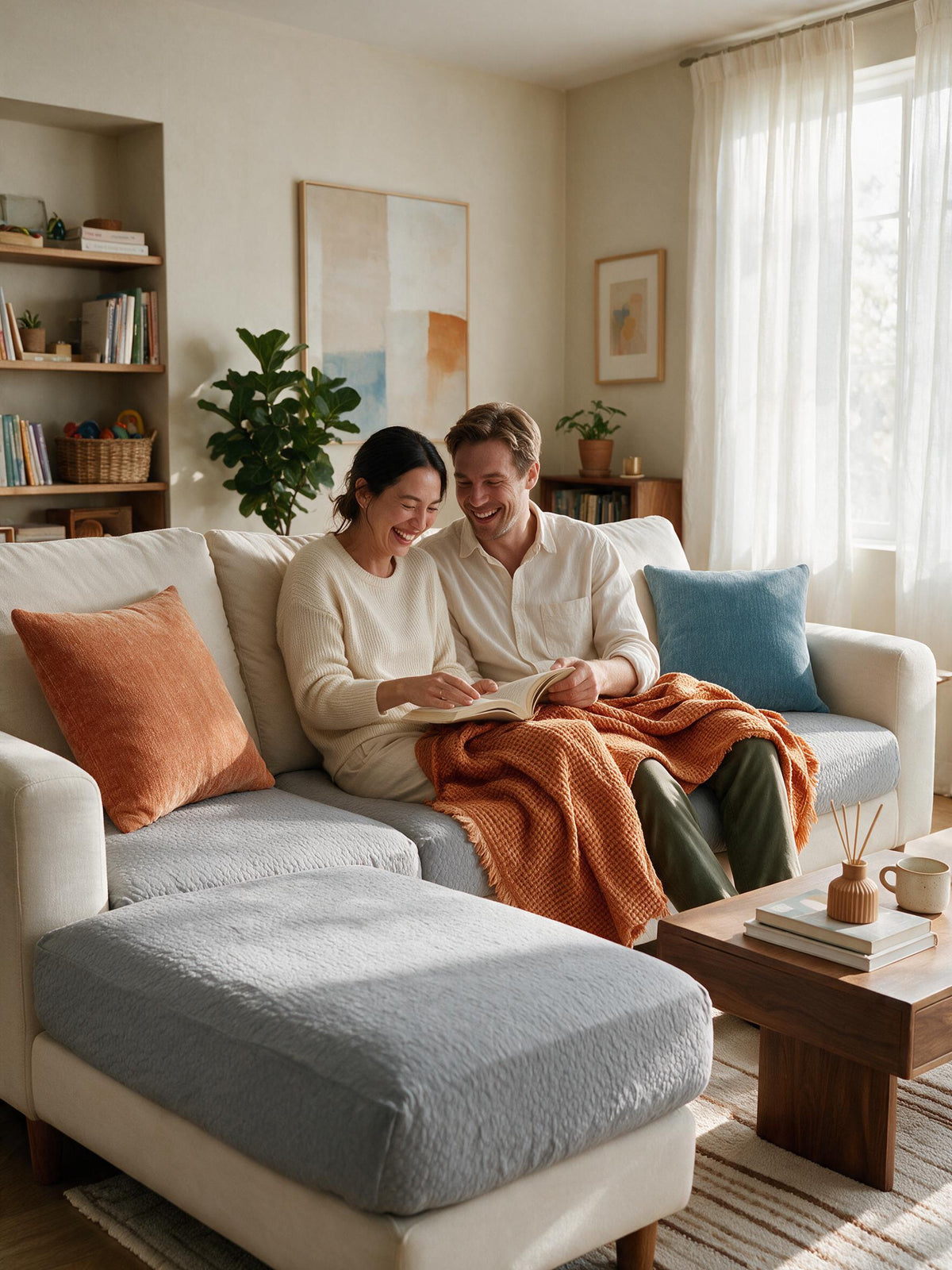 Sofa mit Sitzkissenbezügen, Kissen und Überwurf