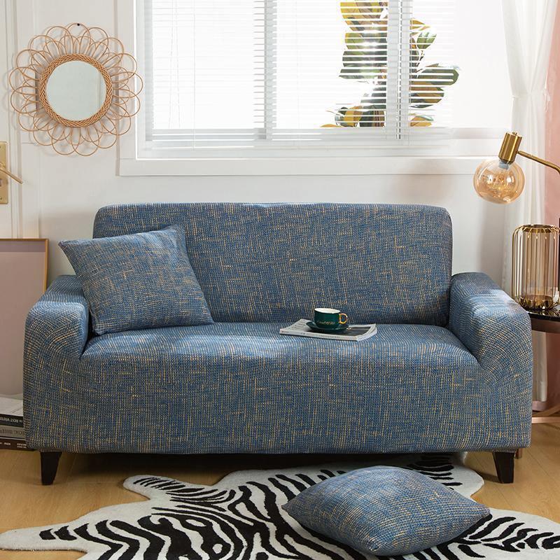 Stretch-Sofabezug mit Kreuzmuster – Blau und Gold – Ansicht 4