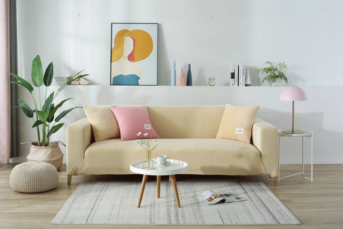 Stretch-Sofabezug aus Samt – Beige – Ansicht 1