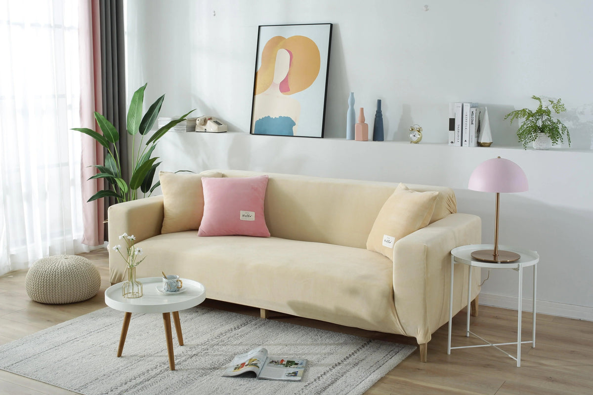 Stretch-Sofabezug aus Samt – Beige – Ansicht 2
