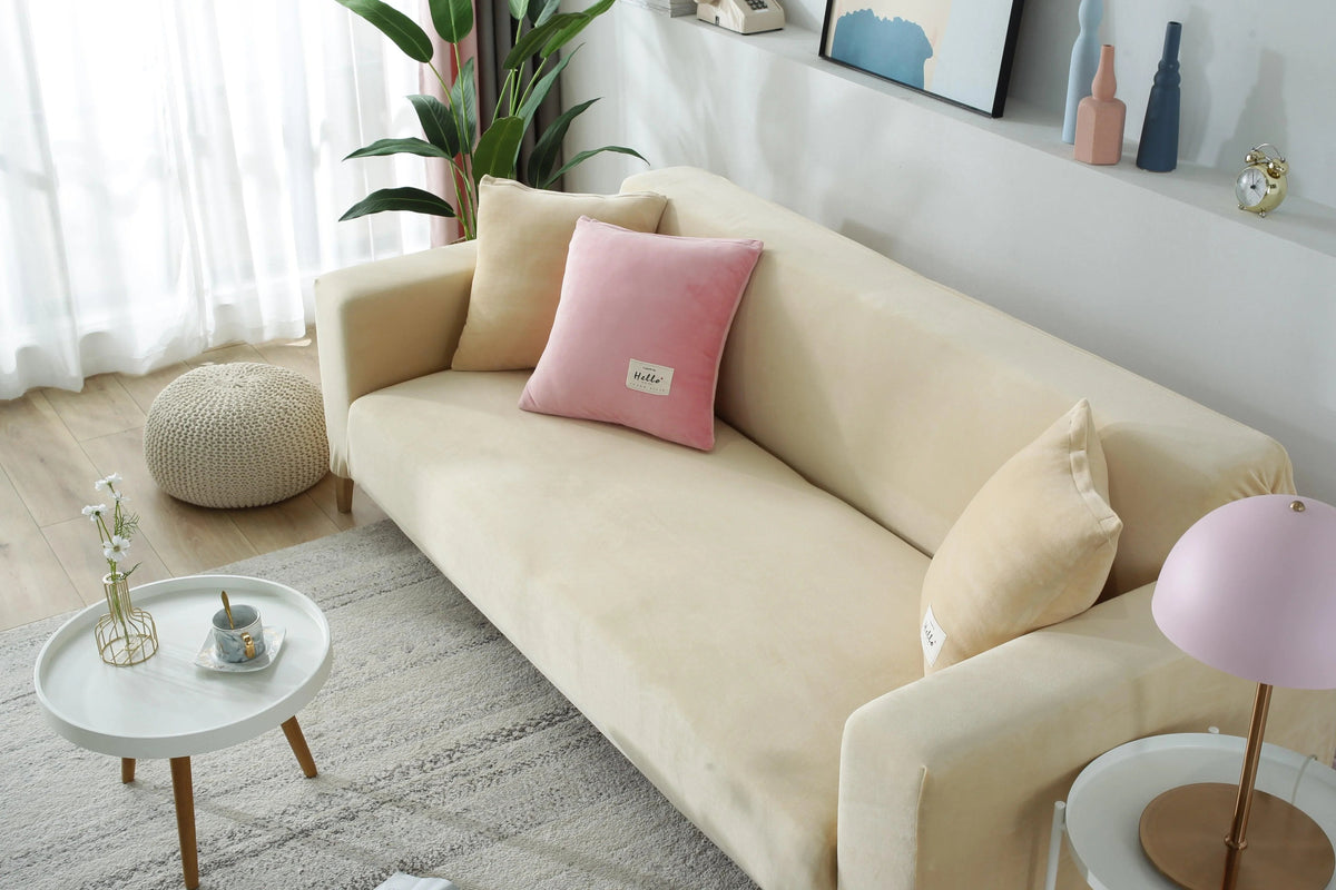 Stretch-Sofabezug aus Samt – Beige – Ansicht 4