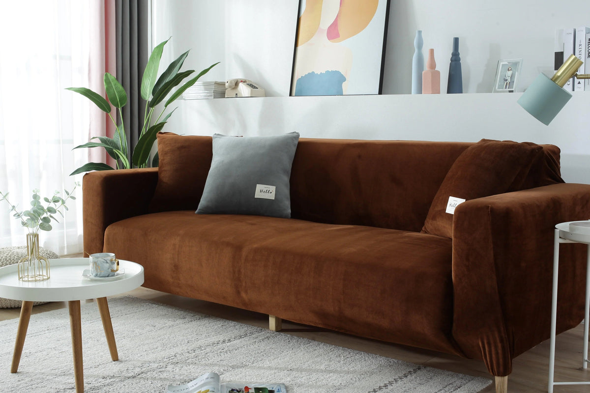 Stretch-Sofabezug aus Samt – Braun – Ansicht 8