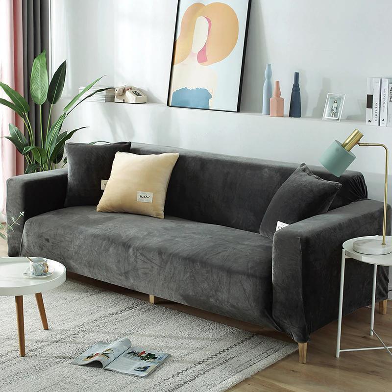 Stretch-Sofabezug aus Samt – Grau – Ansicht 1
