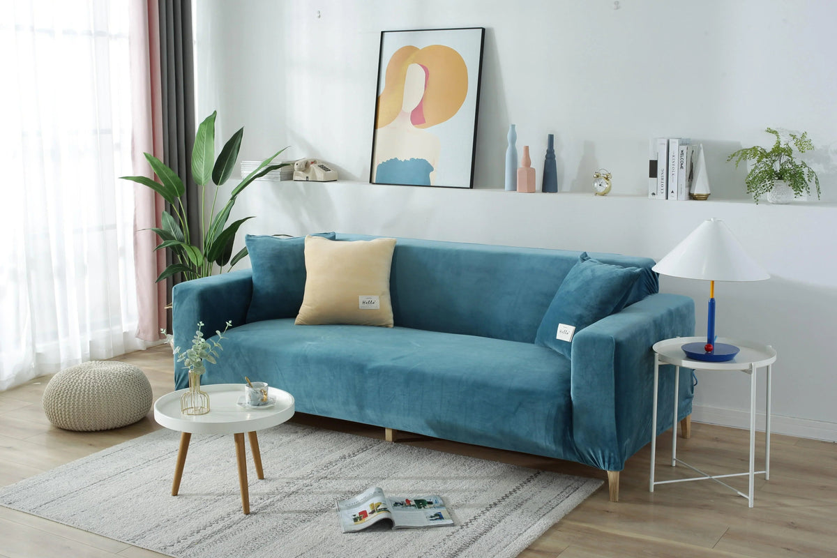 Stretch-Sofabezug aus Samt – Seeblau – Ansicht 1