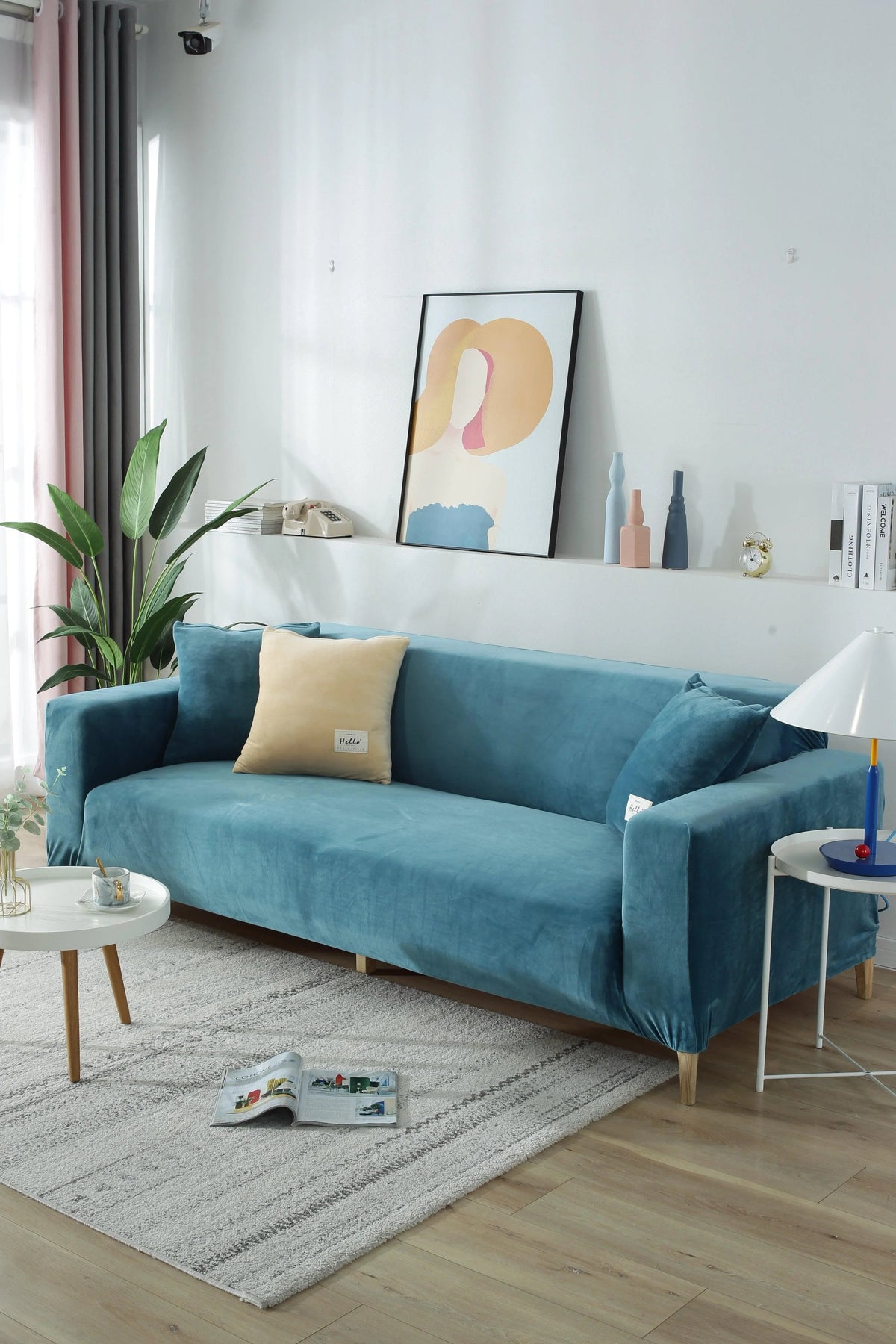 Stretch-Sofabezug aus Samt – Seeblau – Ansicht 10