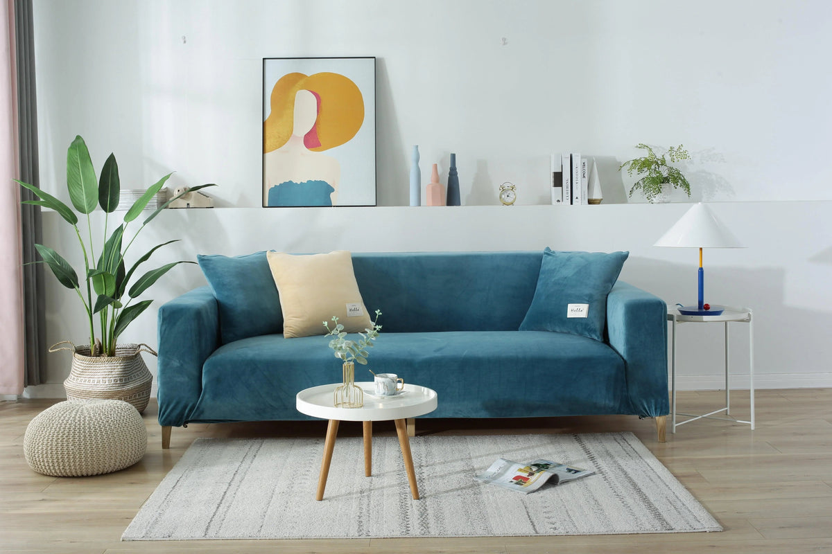 Stretch-Sofabezug aus Samt – Seeblau – Ansicht 2