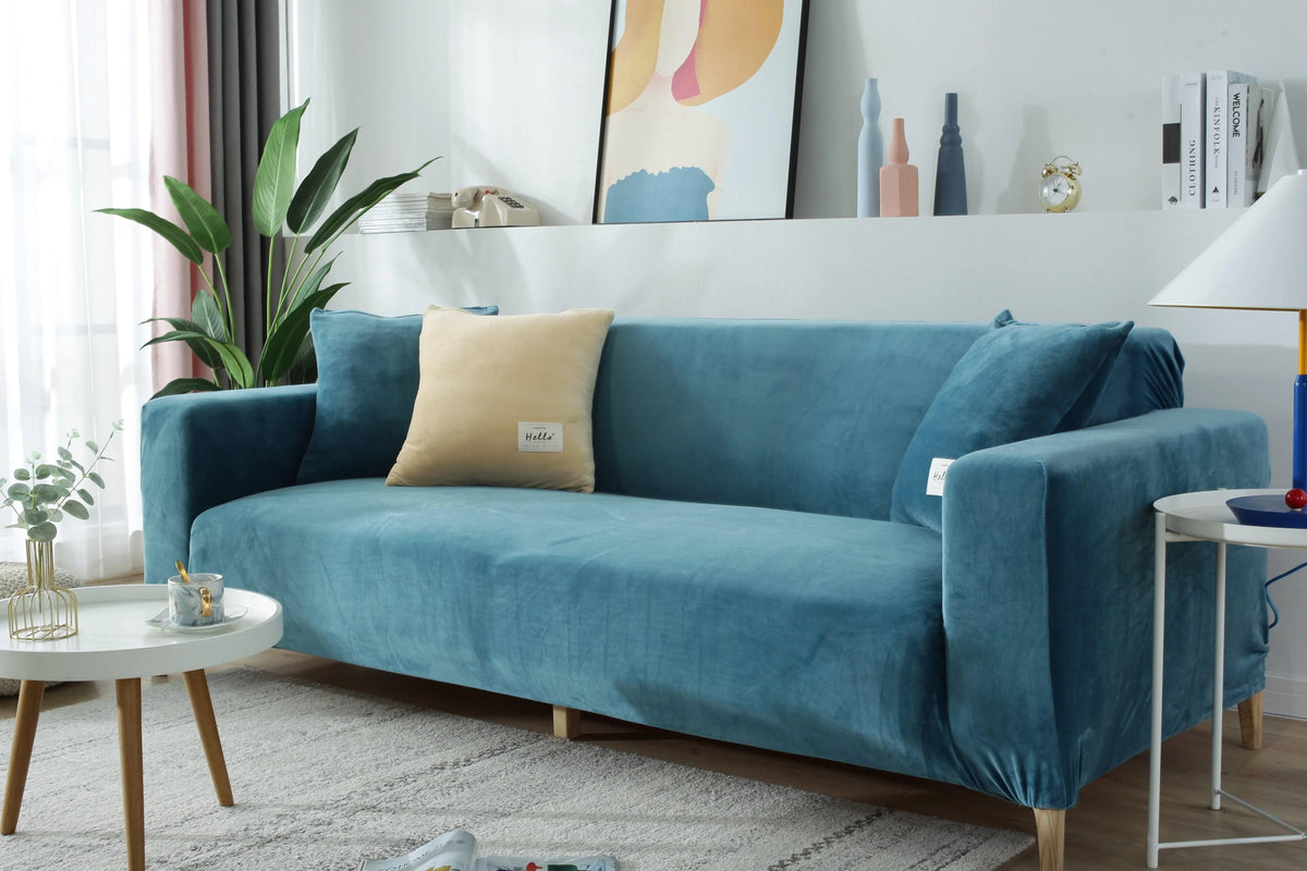 Stretch-Sofabezug aus Samt – Seeblau – Ansicht 3
