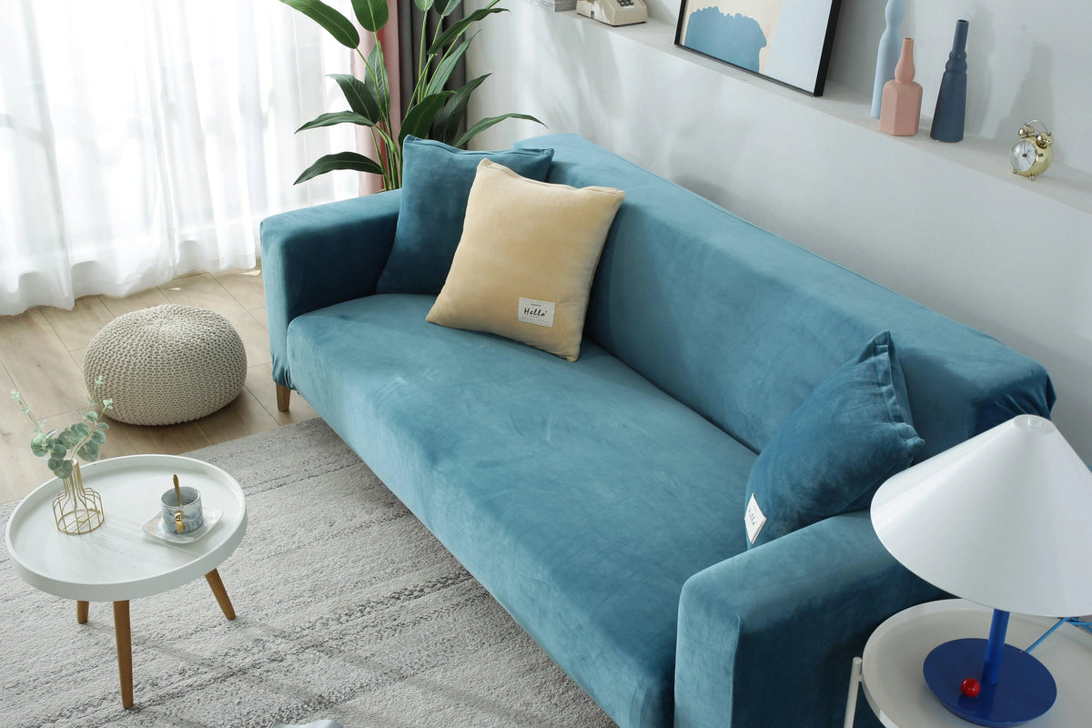 Stretch-Sofabezug aus Samt – Seeblau – Ansicht 4