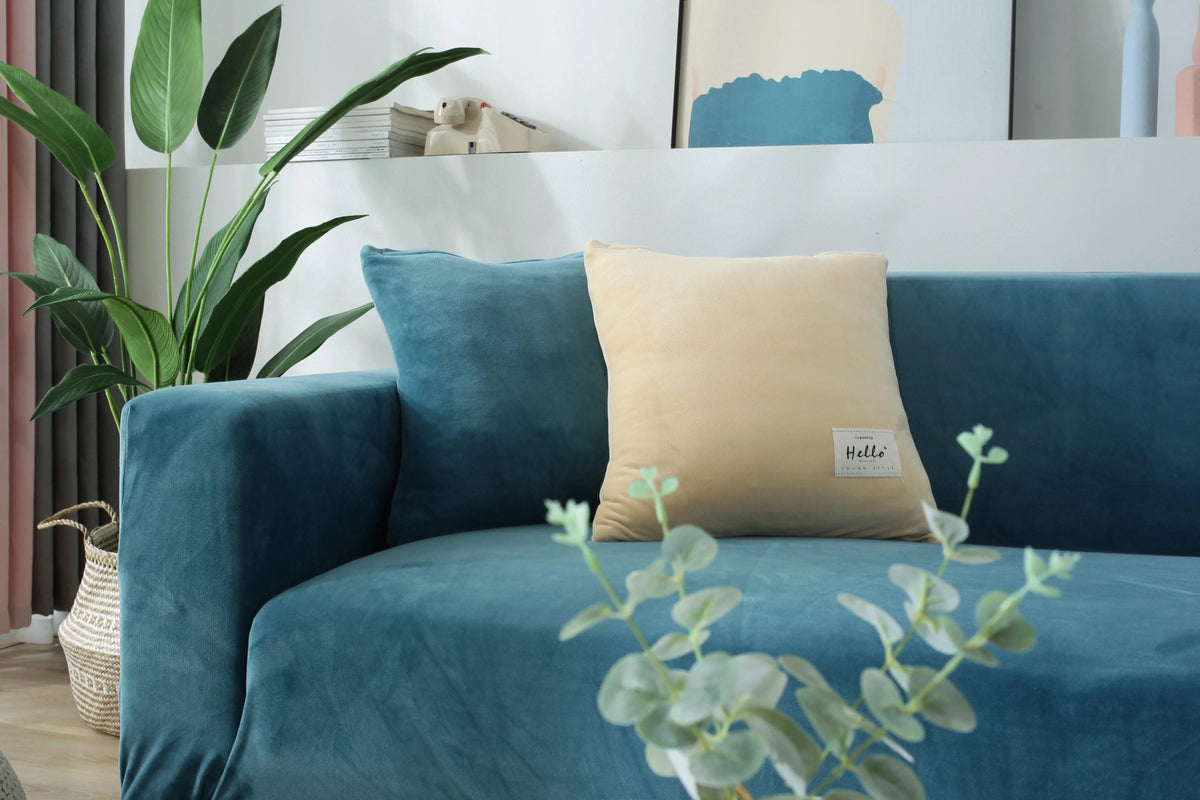 Stretch-Sofabezug aus Samt – Seeblau – Ansicht 5