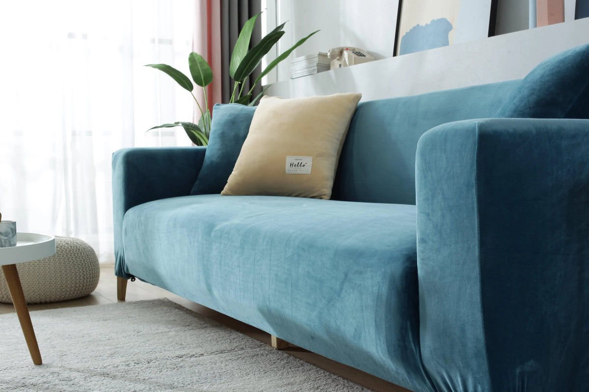 Stretch-Sofabezug aus Samt – Seeblau – Ansicht 6