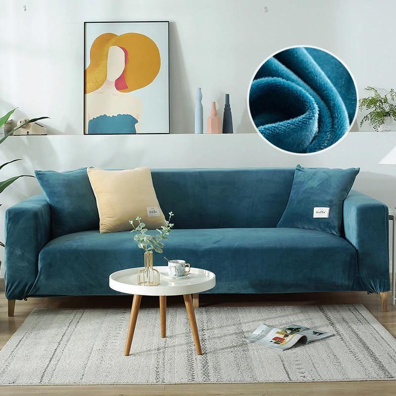 Stretch-Sofabezug aus Samt – Seeblau – Ansicht 7