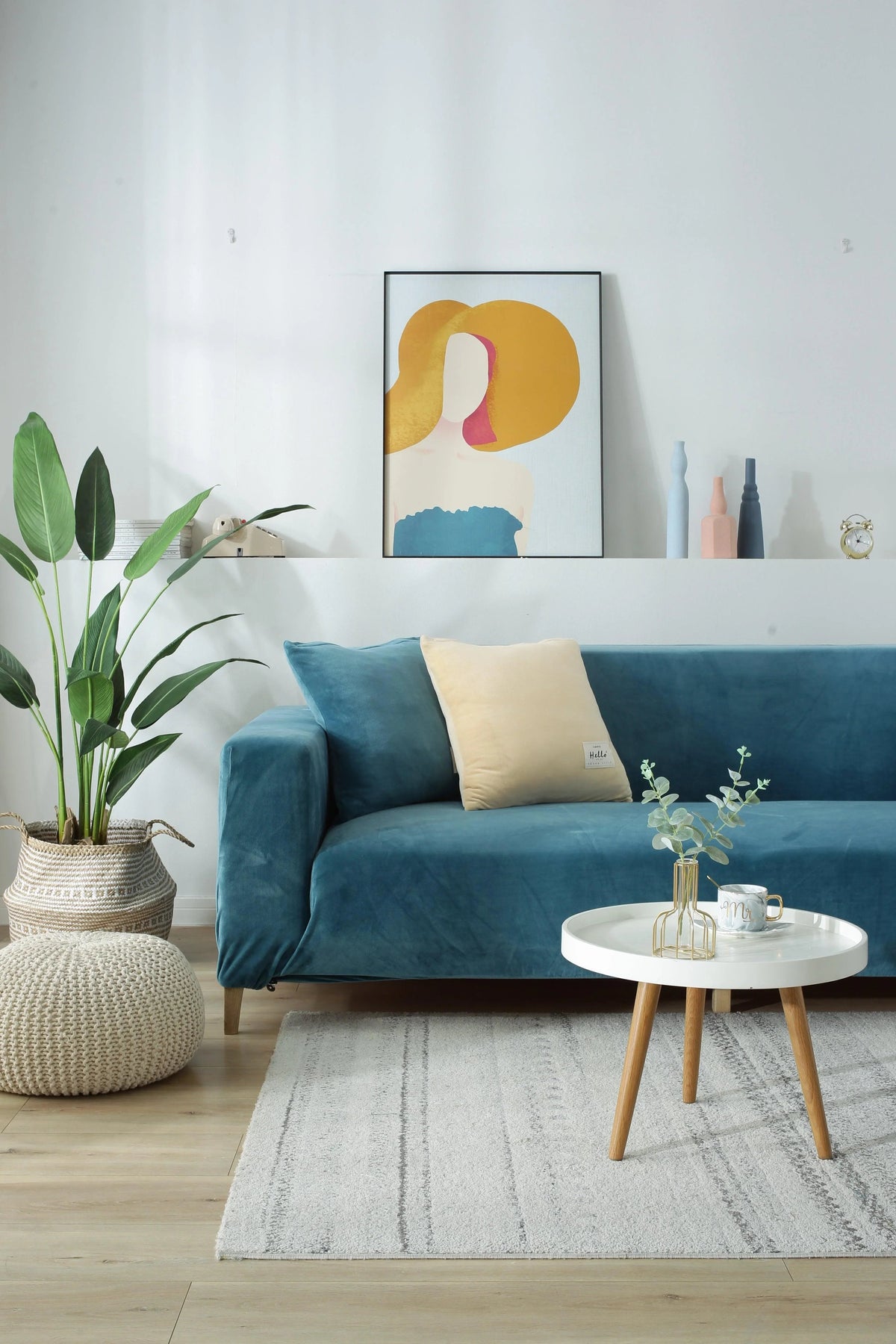 Stretch-Sofabezug aus Samt – Seeblau – Ansicht 8