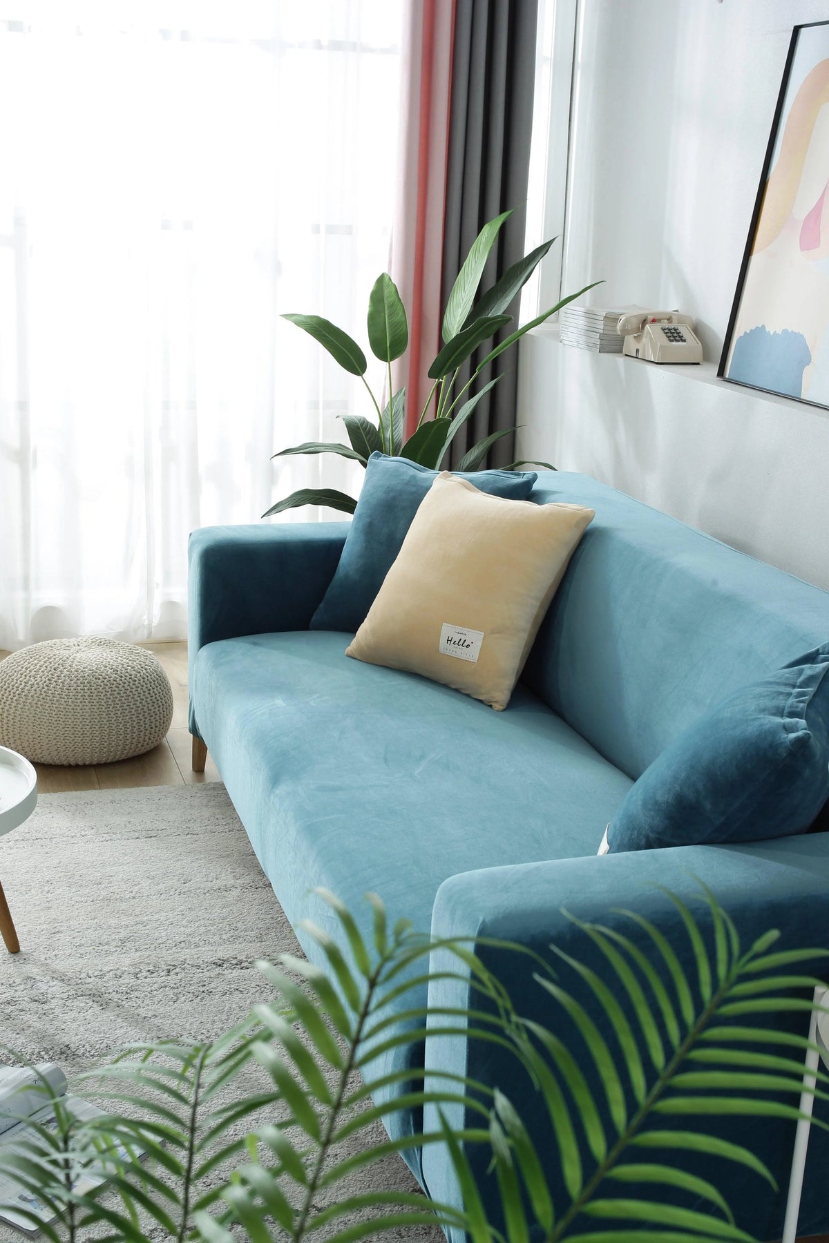 Stretch-Sofabezug aus Samt – Seeblau – Ansicht 9