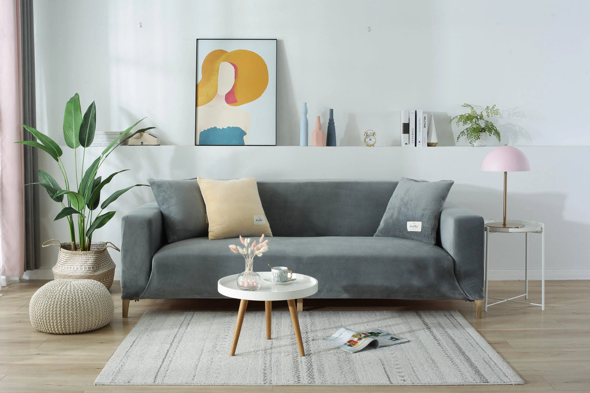 Stretch-Sofabezug aus Samt – Hellgrau – Ansicht 5