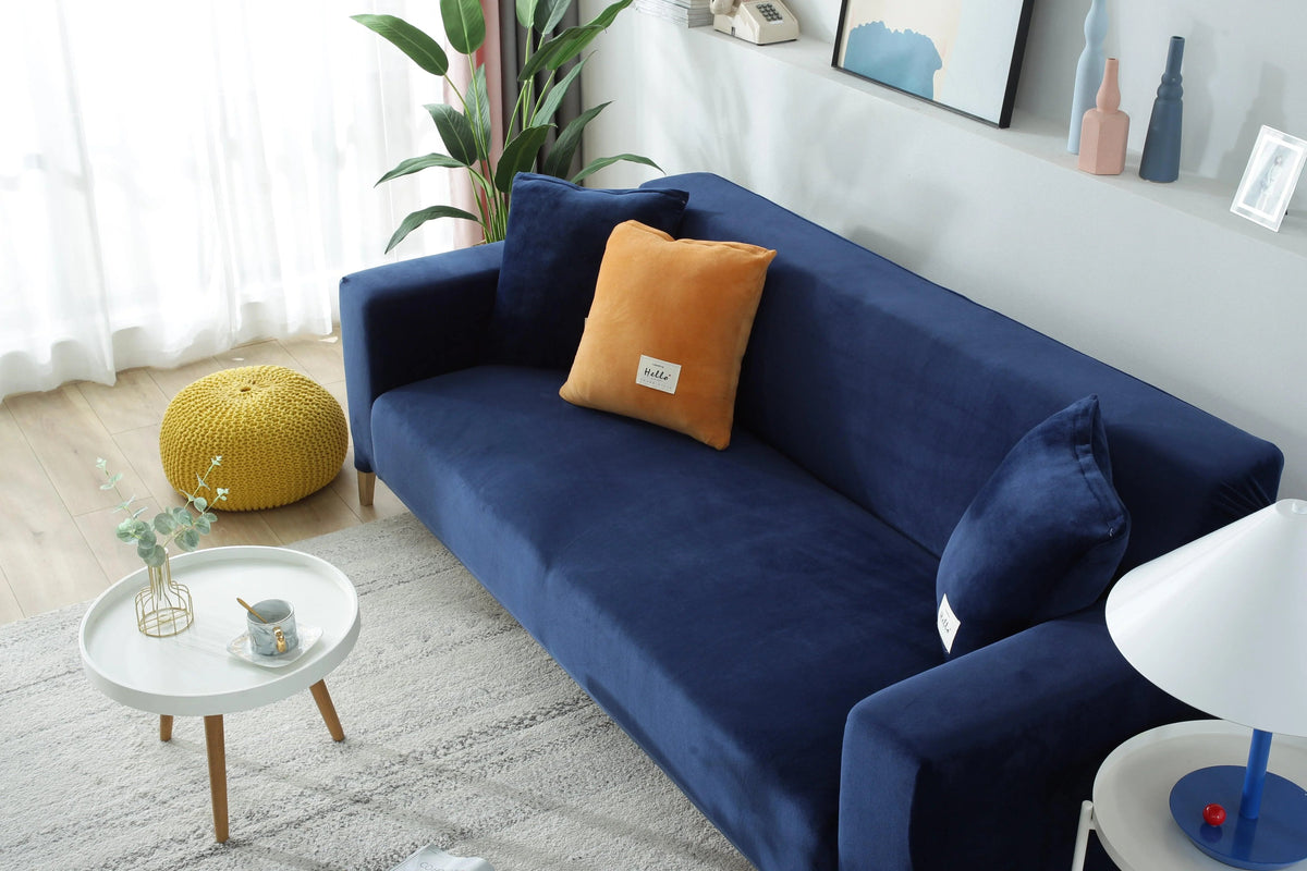 Stretch-Sofabezug aus Samt – Marineblau – Ansicht 1
