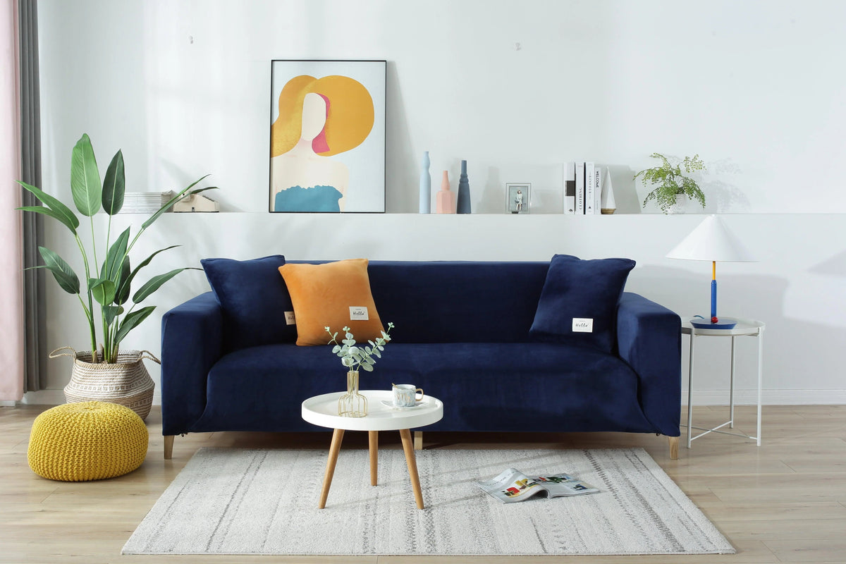 Stretch-Sofabezug aus Samt – Marineblau – Ansicht 2