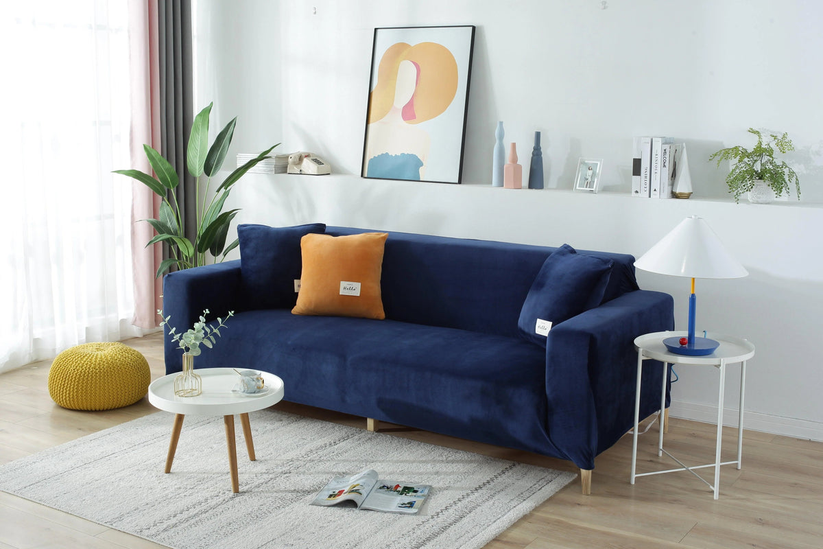 Stretch-Sofabezug aus Samt – Marineblau – Ansicht 3