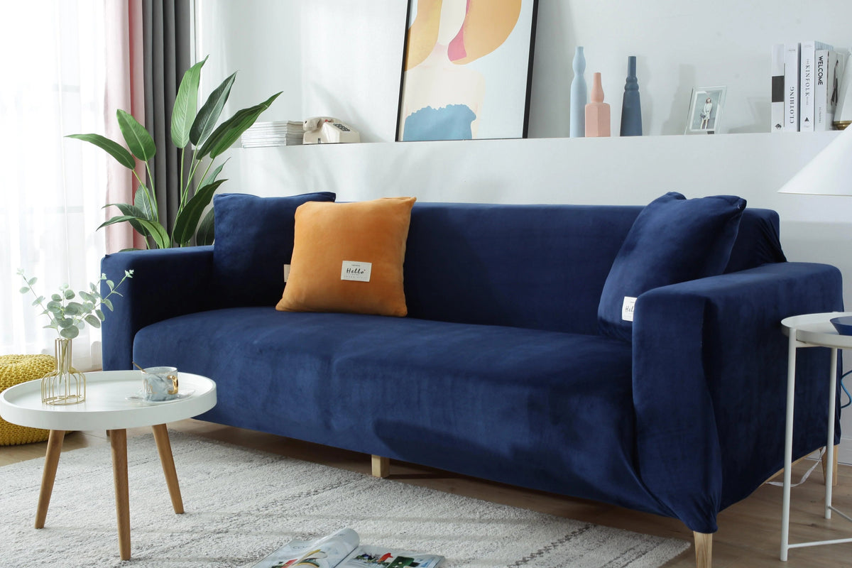 Stretch-Sofabezug aus Samt – Marineblau – Ansicht 4