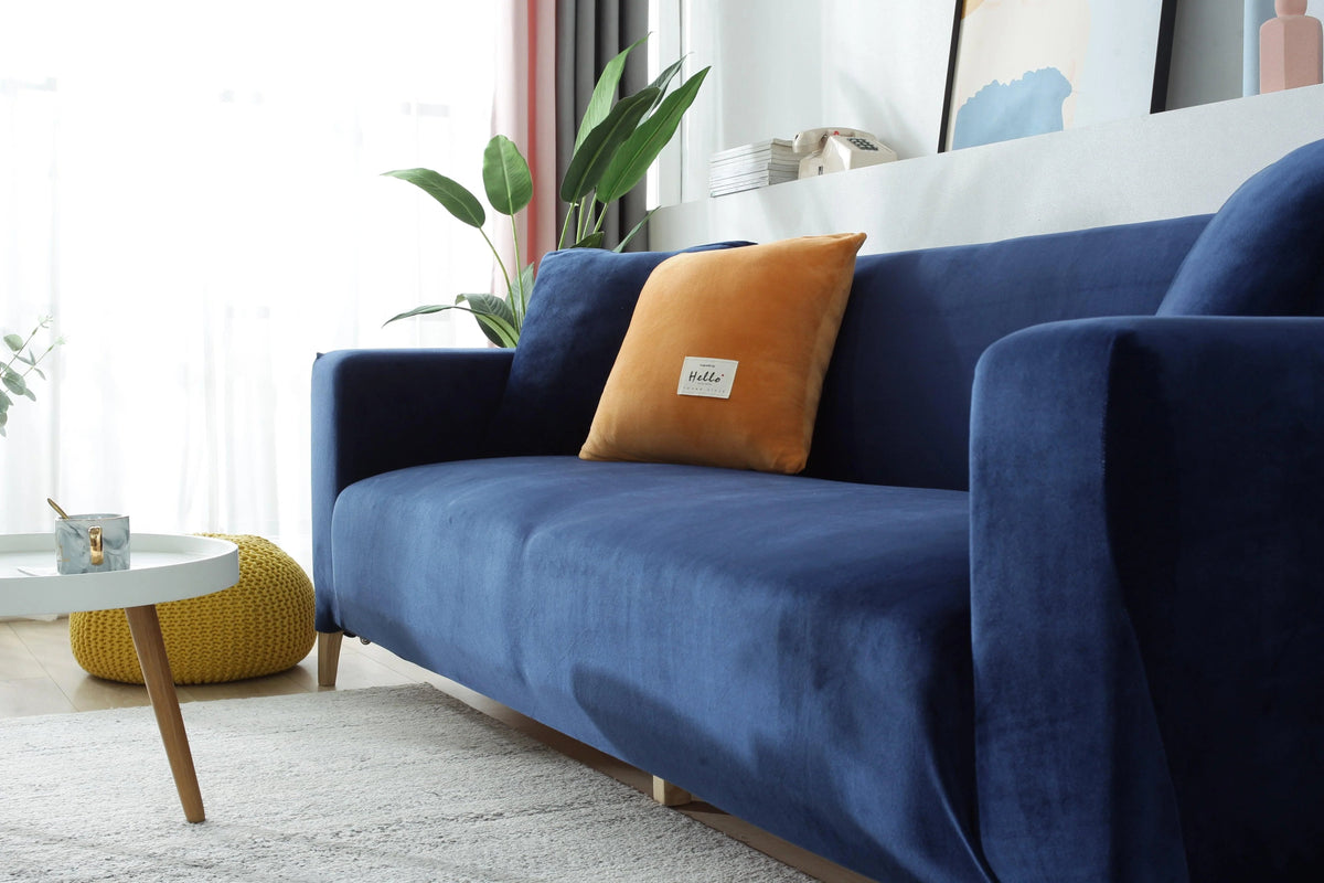 Stretch-Sofabezug aus Samt – Marineblau – Ansicht 5