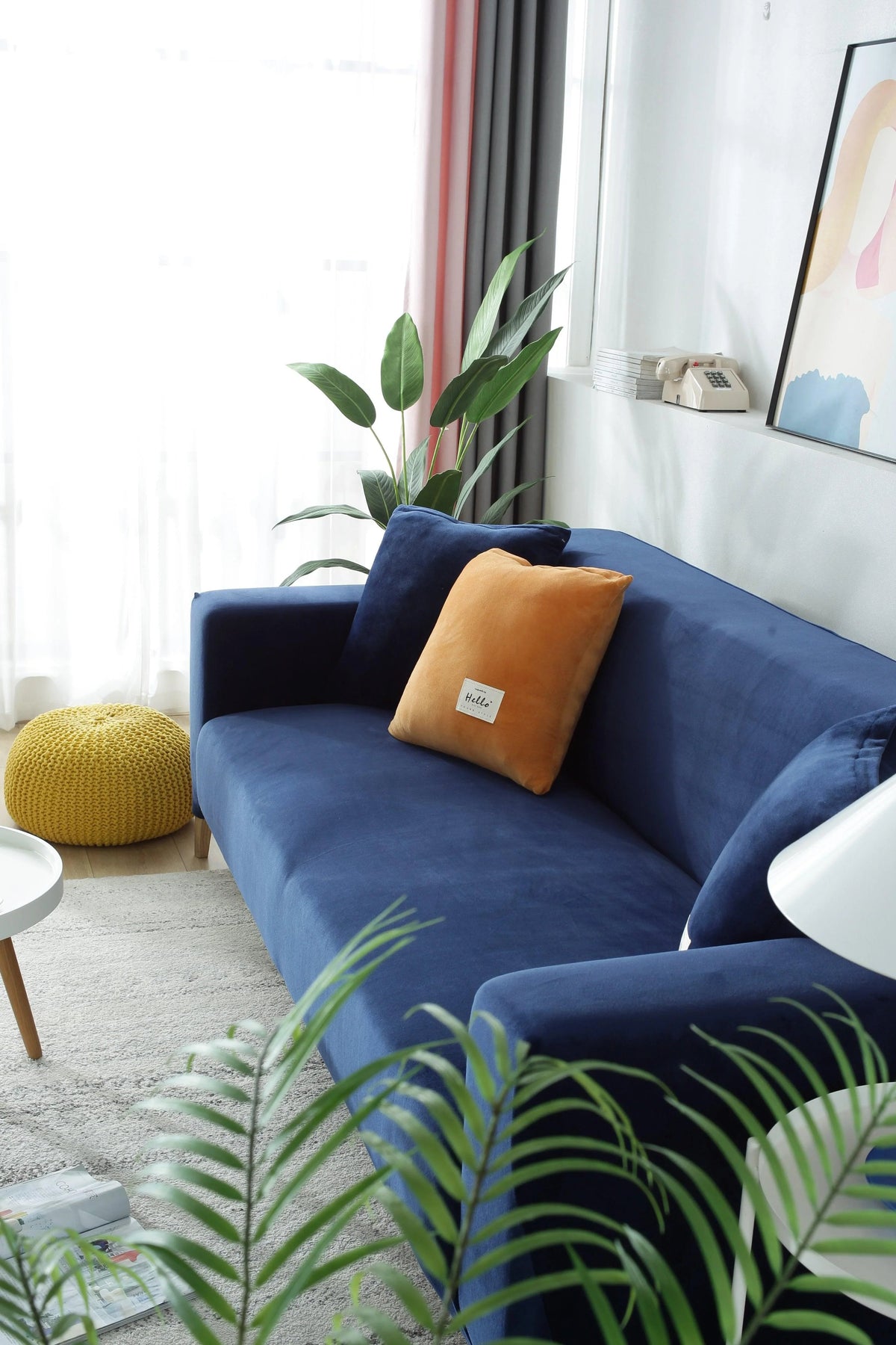 Stretch-Sofabezug aus Samt – Marineblau – Ansicht 7