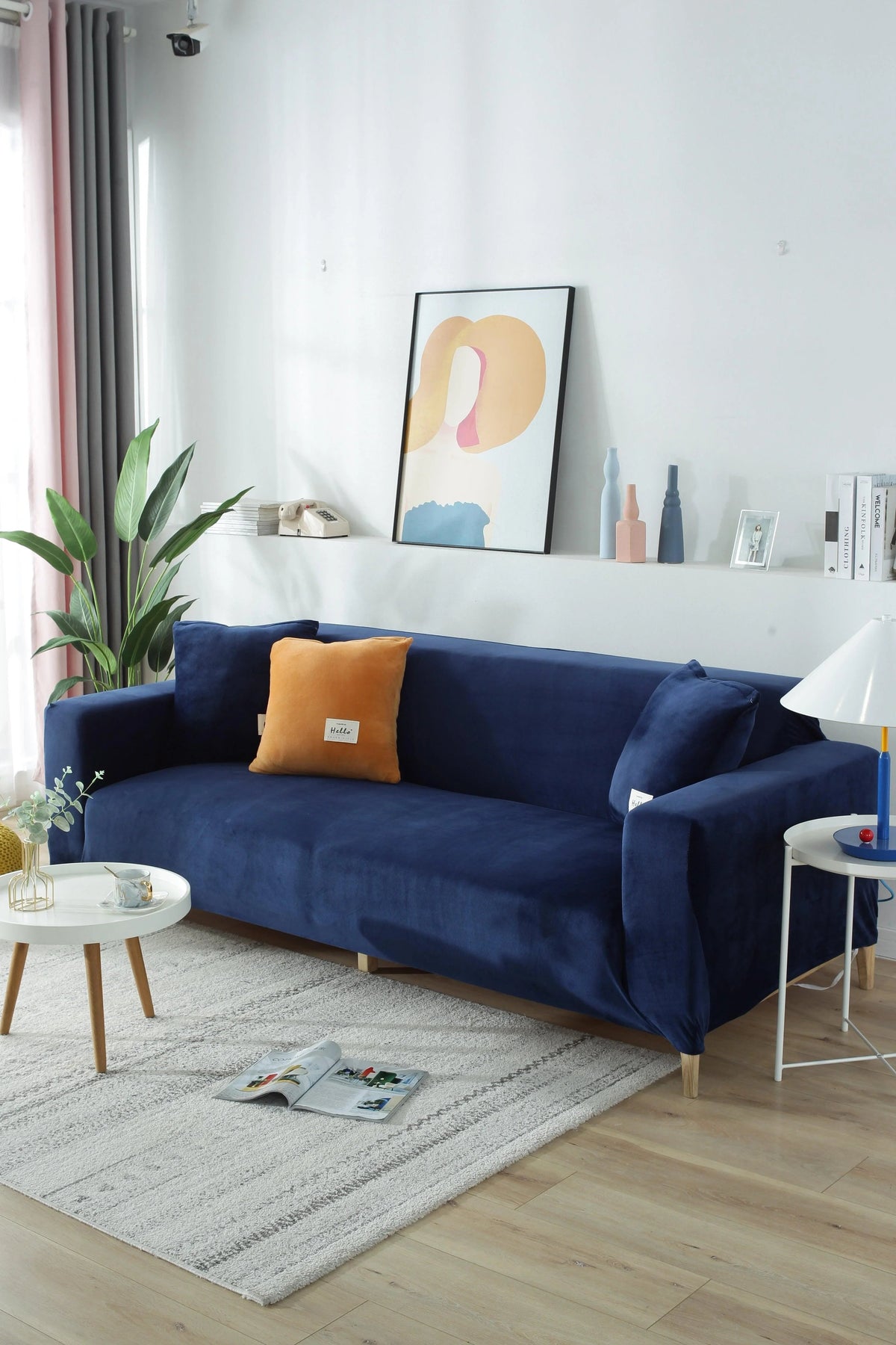 Stretch-Sofabezug aus Samt – Marineblau – Ansicht 8