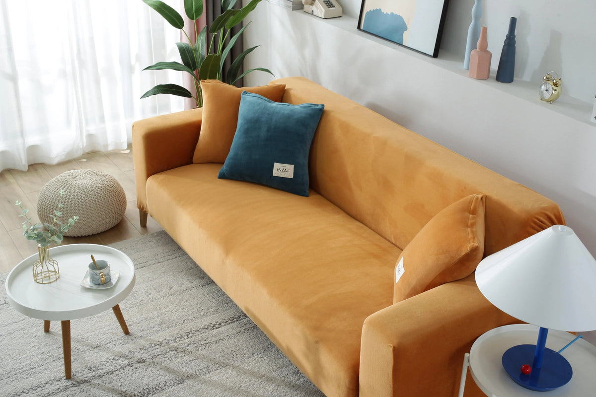 Stretch-Sofabezug aus Samt – Orange – Ansicht 1
