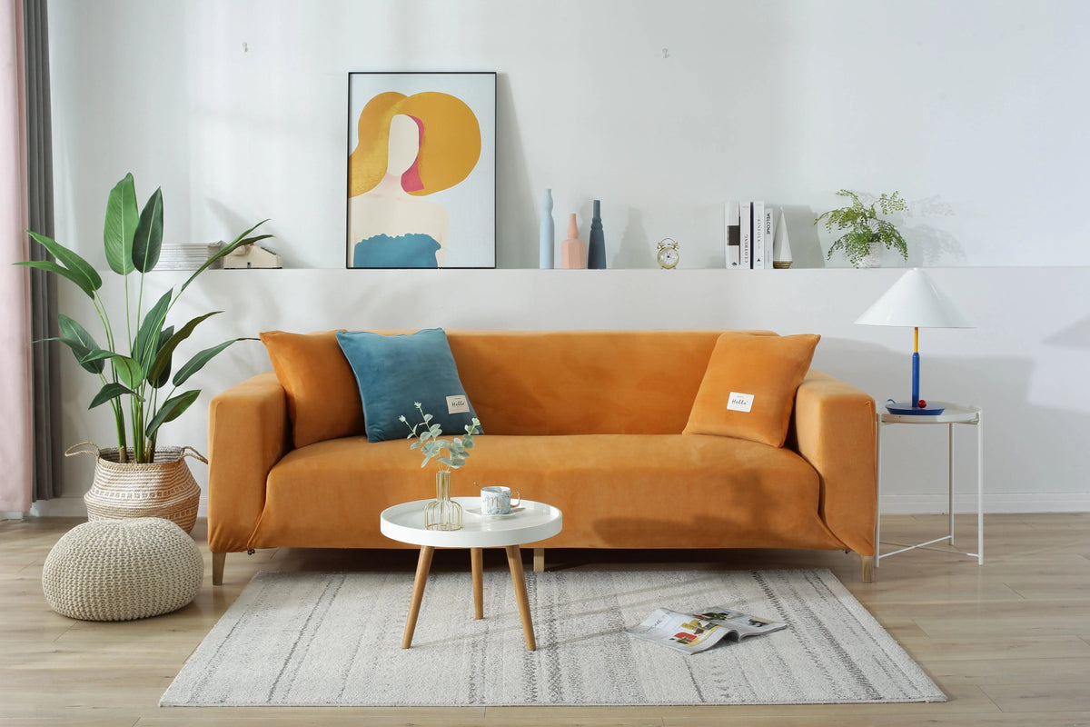 Stretch-Sofabezug aus Samt – Orange – Ansicht 2