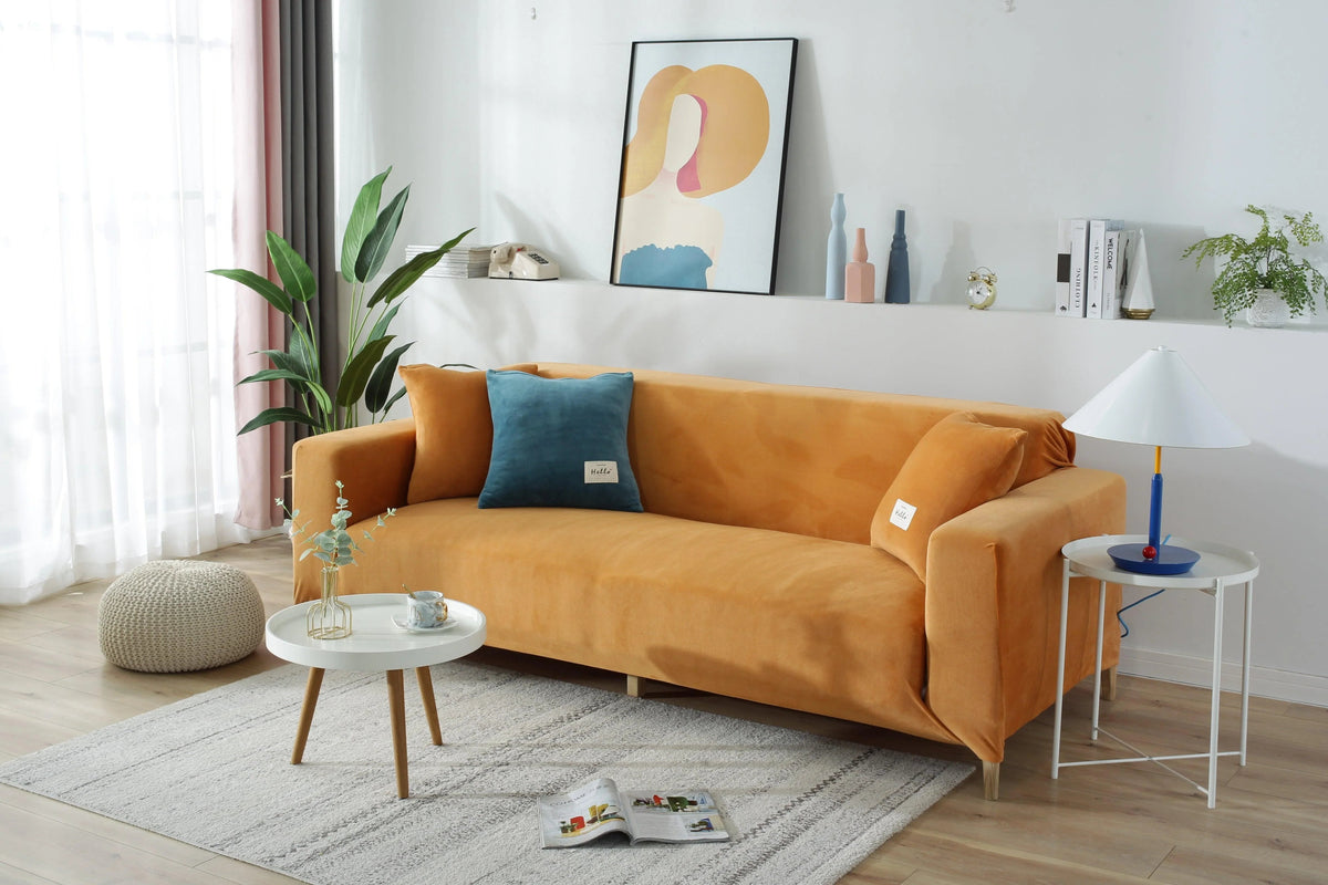 Stretch-Sofabezug aus Samt – Orange – Ansicht 3