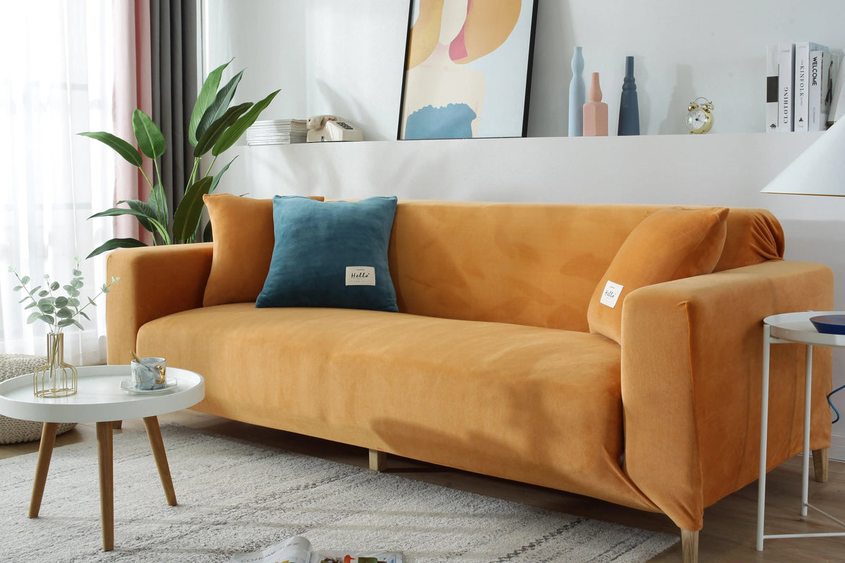 Stretch-Sofabezug aus Samt – Orange – Ansicht 4