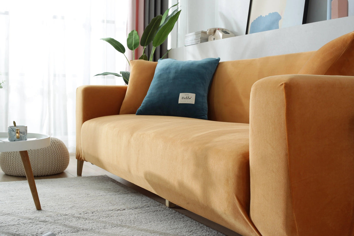 Stretch-Sofabezug aus Samt – Orange – Ansicht 5