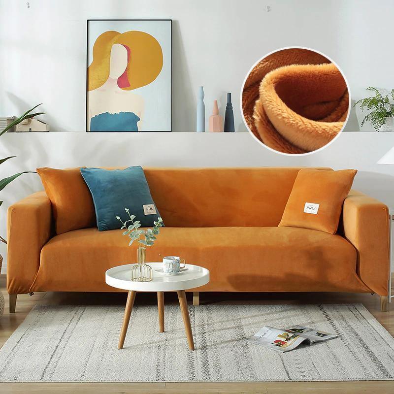 Stretch-Sofabezug aus Samt – Orange – Ansicht 7