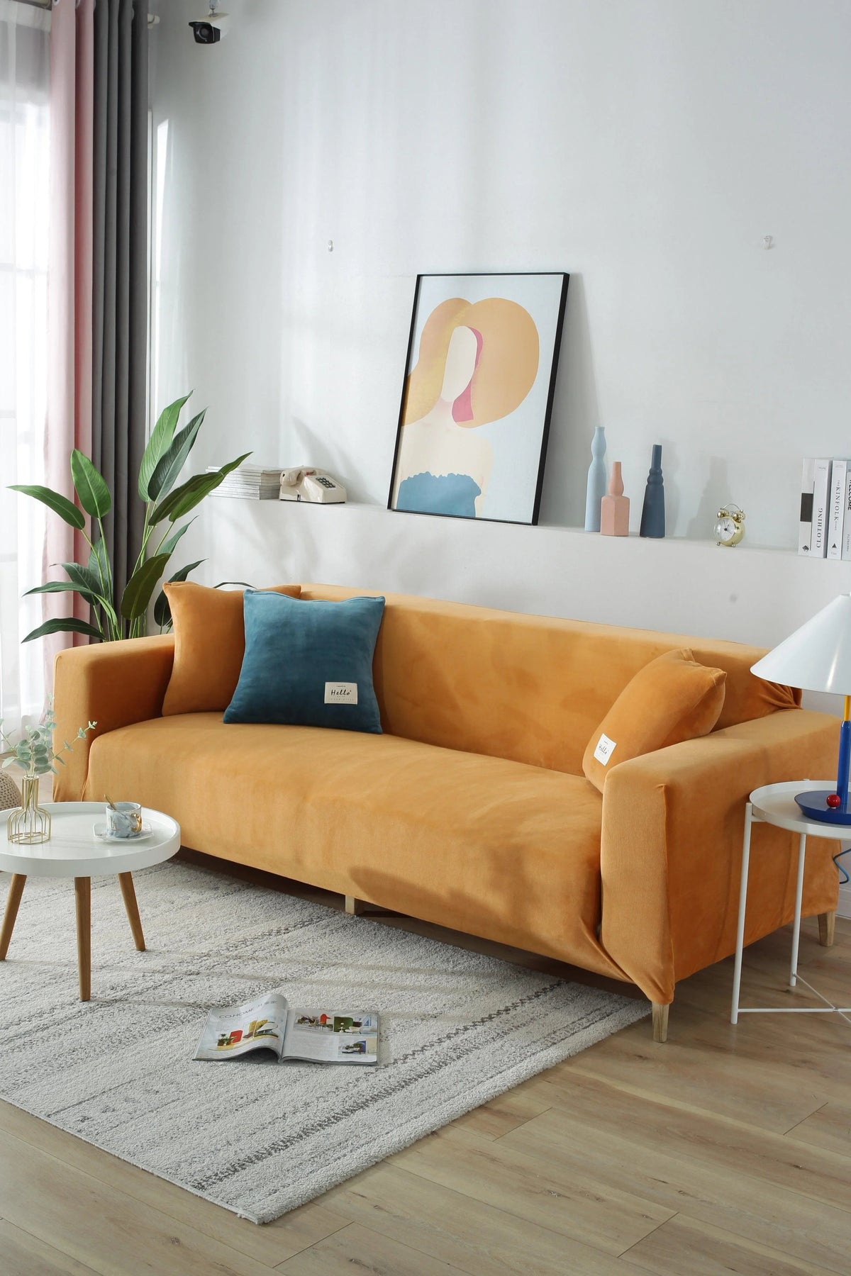 Stretch-Sofabezug aus Samt – Orange – Ansicht 9
