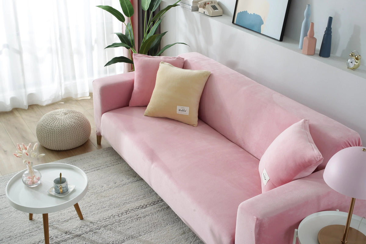 Stretch-Sofabezug aus Samt – Rosa – Ansicht 1