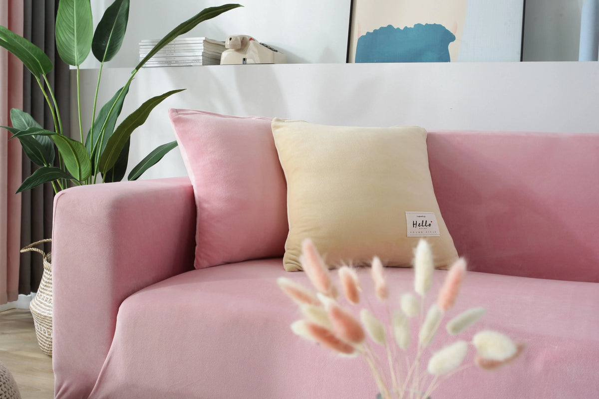 Stretch-Sofabezug aus Samt – Rosa – Ansicht 2