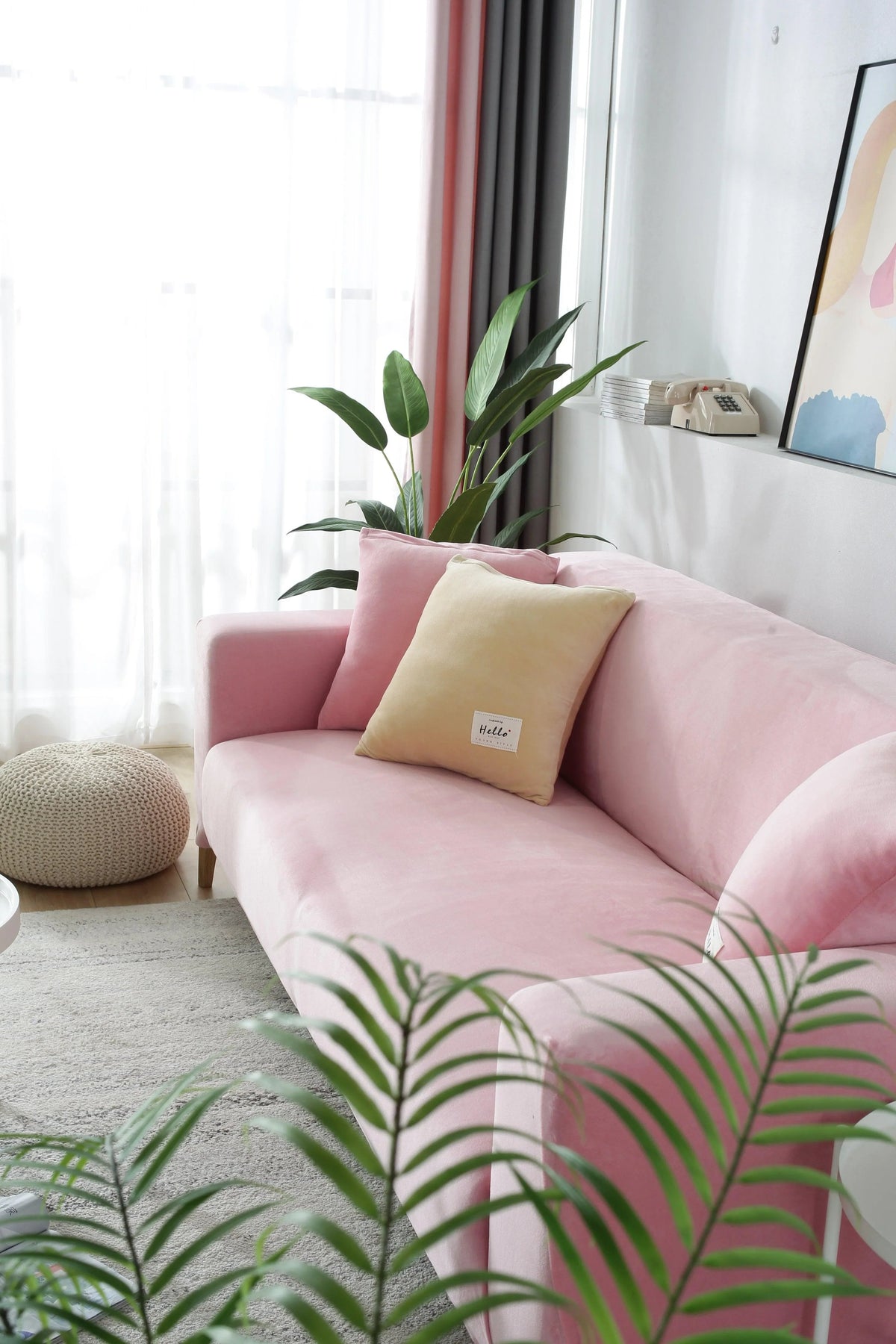 Stretch-Sofabezug aus Samt – Rosa – Ansicht 6