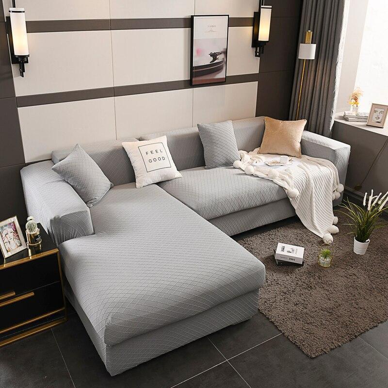 Stretch-Sofabezug mit Jacquard-Rautenmuster – Helles Betongrau – Ansicht 2