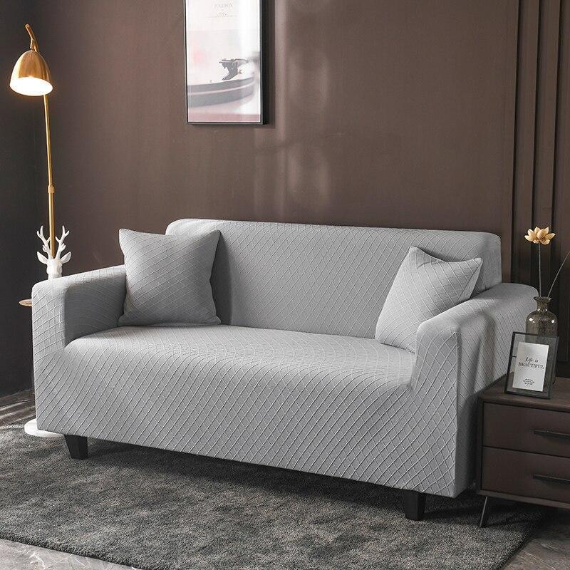 Stretch-Sofabezug mit Jacquard-Rautenmuster – Helles Betongrau – Ansicht 3