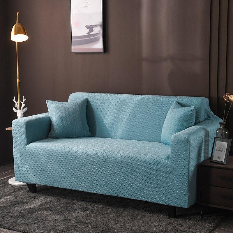 Stretch-Sofabezug mit Jacquard-Rautenmuster – Himmelblau – Ansicht 2