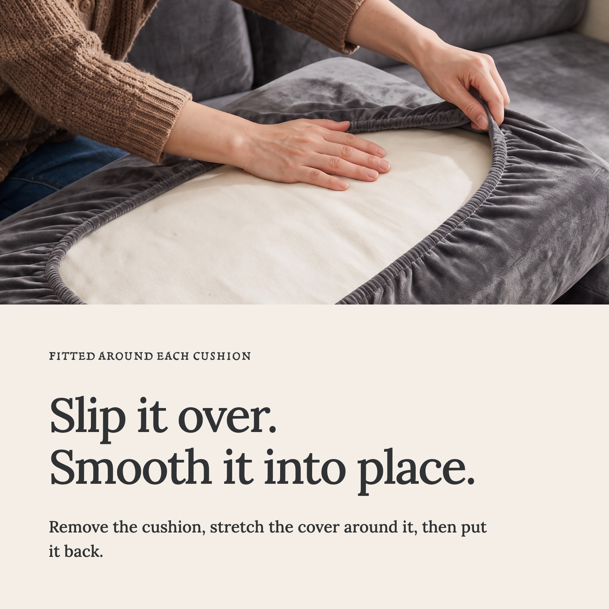 Sitzkissenbezug aus Samt fürs Sofa – Grau – Ansicht 4