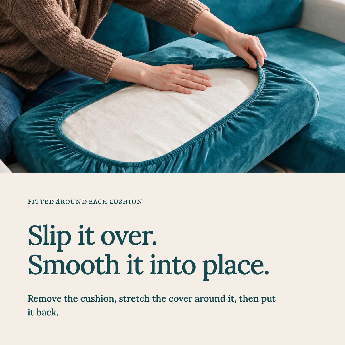 Sitzkissenbezug aus Samt fürs Sofa – Seeblau – Ansicht 4