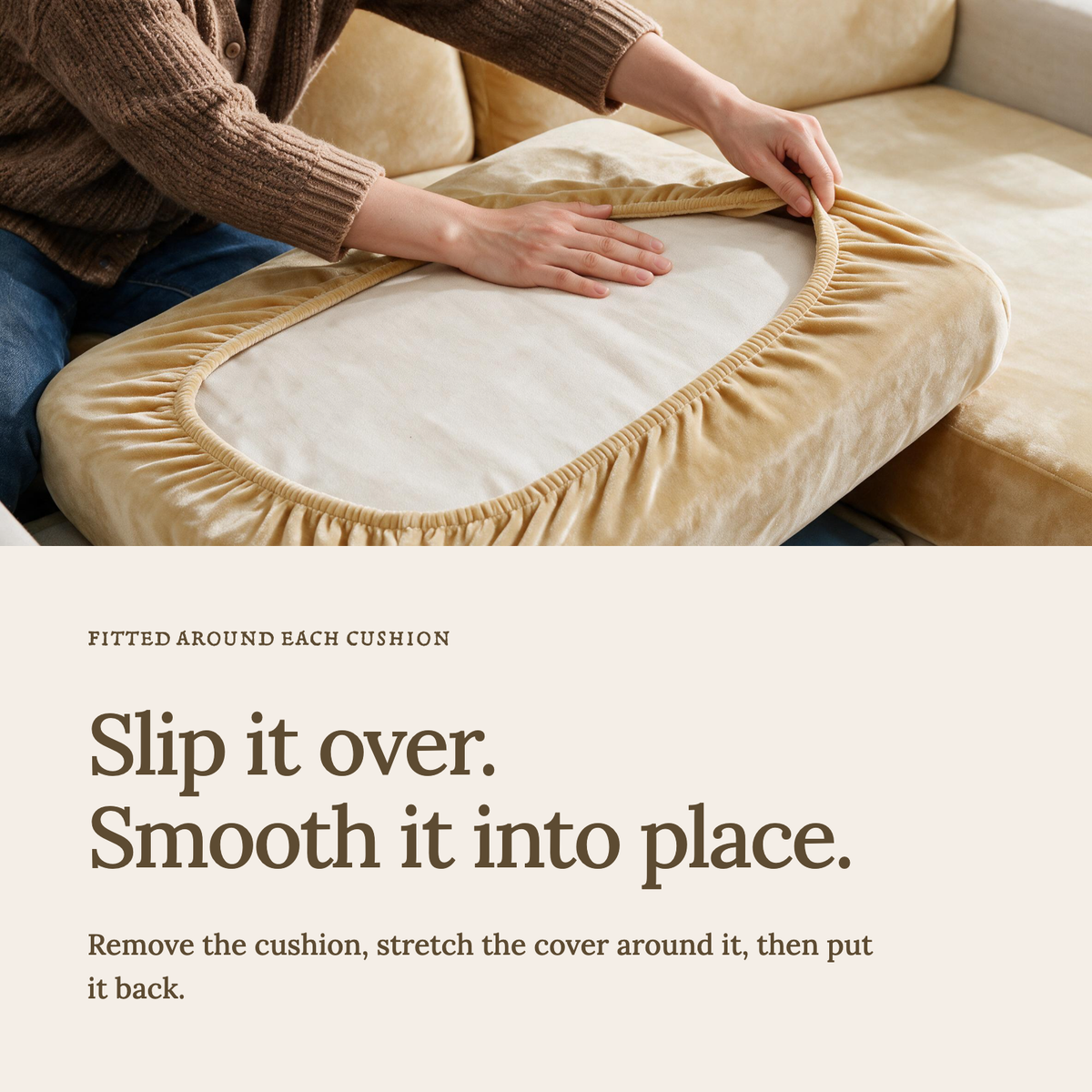 Sitzkissenbezug aus Samt fürs Sofa – Beige – Ansicht 4