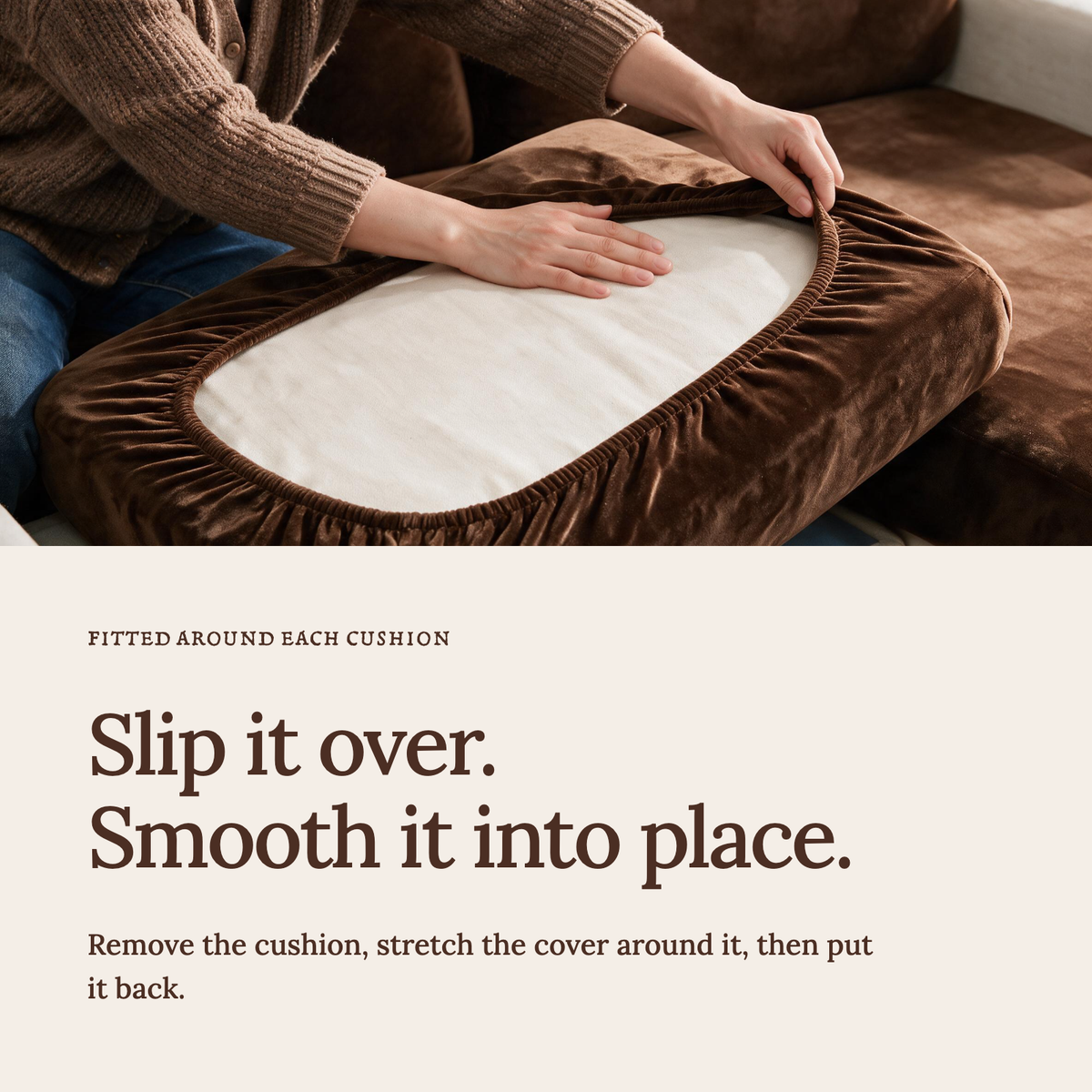 Sitzkissenbezug aus Samt fürs Sofa – Braun – Ansicht 4