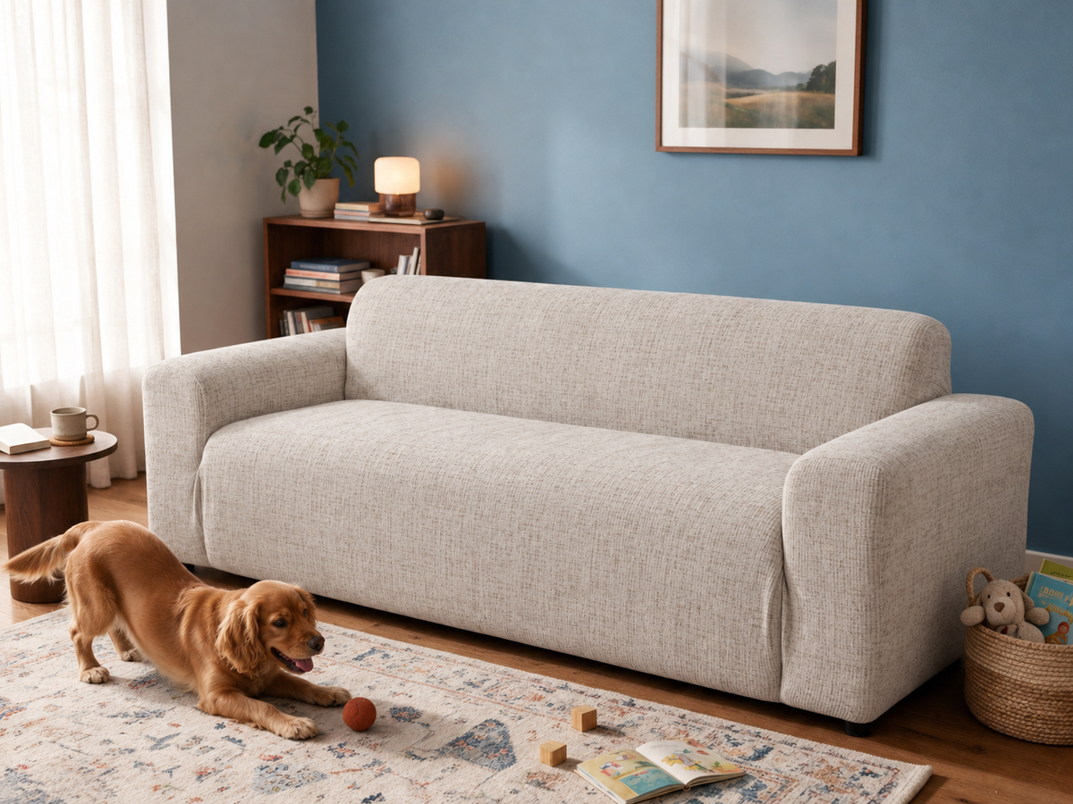 Sofa mit und ohne Casamé-Bezug im Vergleich