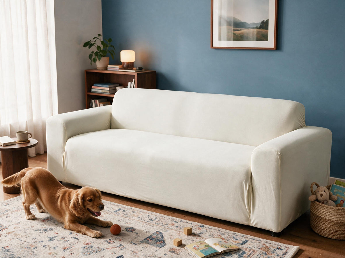Sofa mit und ohne Casamé-Bezug im Vergleich