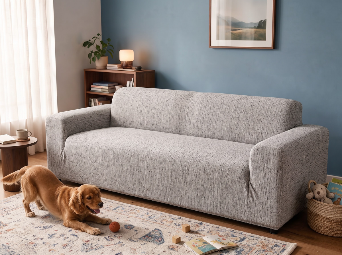 Sofa mit und ohne Casamé-Bezug im Vergleich
