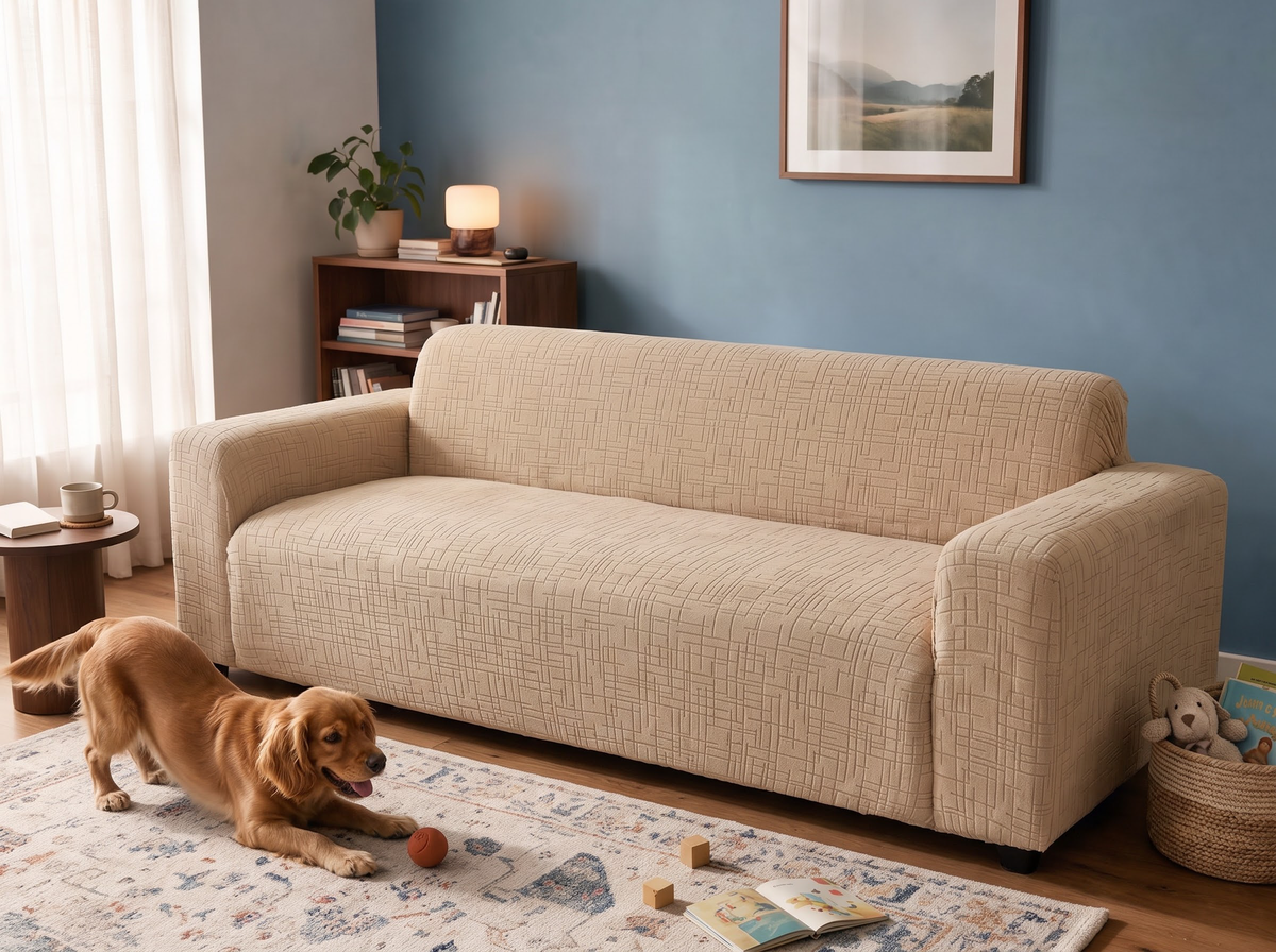 Sofa mit und ohne Casamé-Bezug im Vergleich