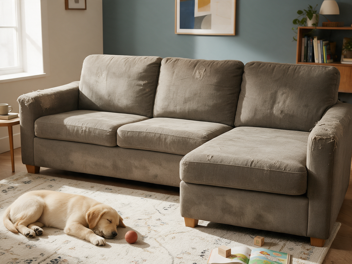 Sofa mit und ohne Casamé-Bezug im Vergleich