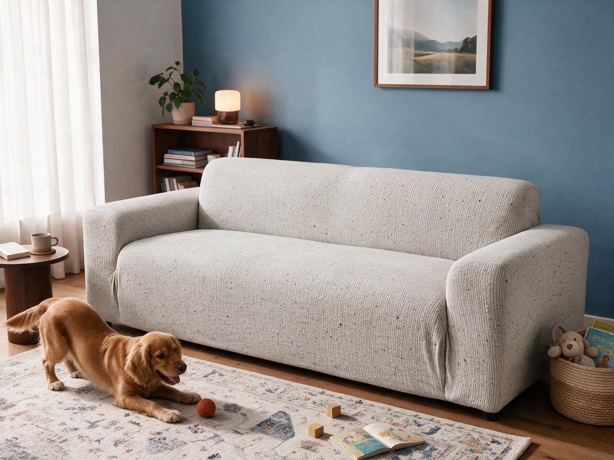 Sofa mit und ohne Casamé-Bezug im Vergleich