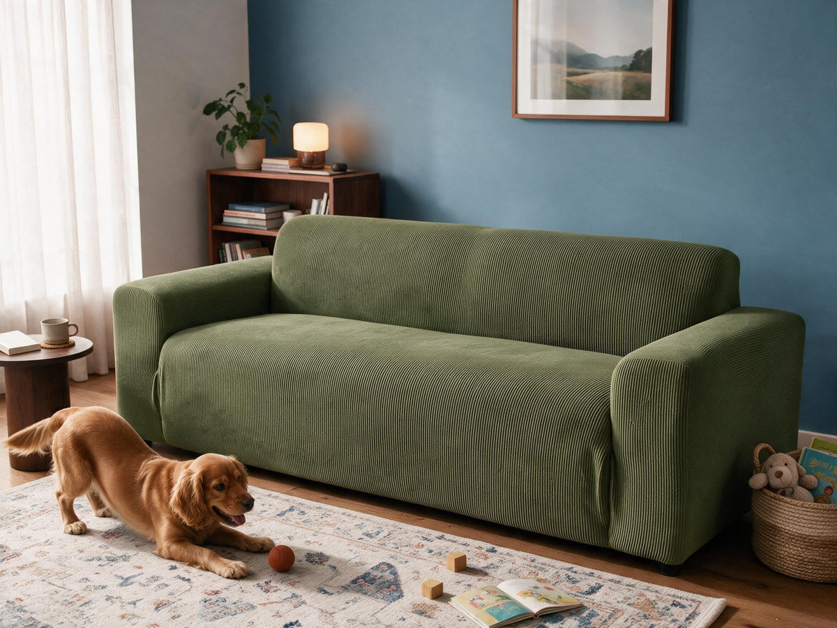 Sofa mit und ohne Casamé-Bezug im Vergleich