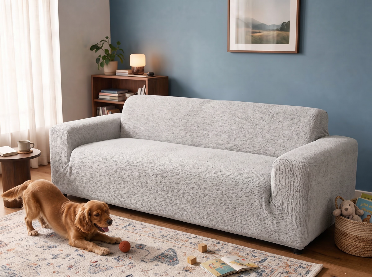 Sofa mit und ohne Casamé-Bezug im Vergleich